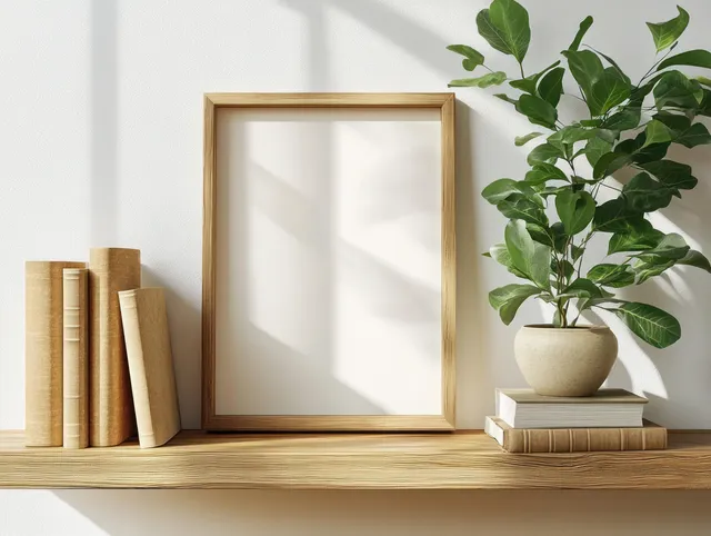 Blank wooden frame, stacked books, and a green potted plant sit on a light wood shelf in a minimalist interior.