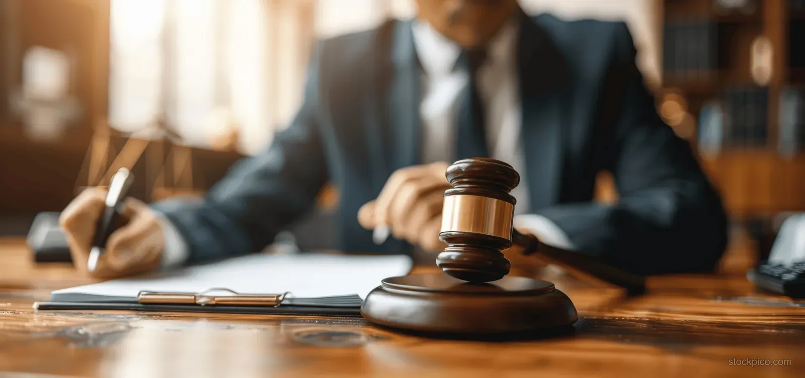 Lawyer at a courtroom desk signing legal documents beside a gavel.