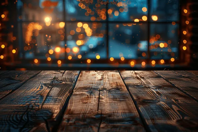 Empty wooden tabletop in front with warm night bokeh lights blurred behind.