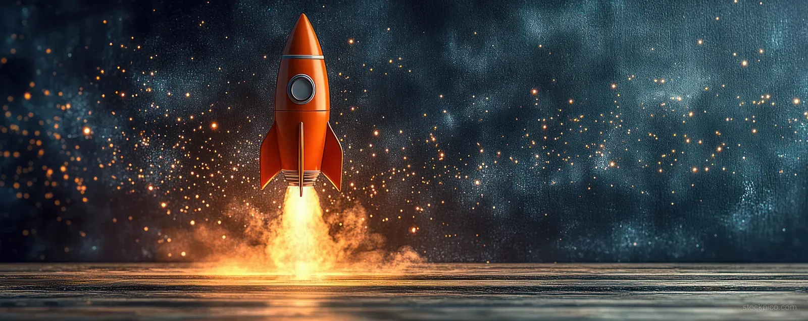 An orange rocket launches upward with fire and smoke against a dark star-filled background.