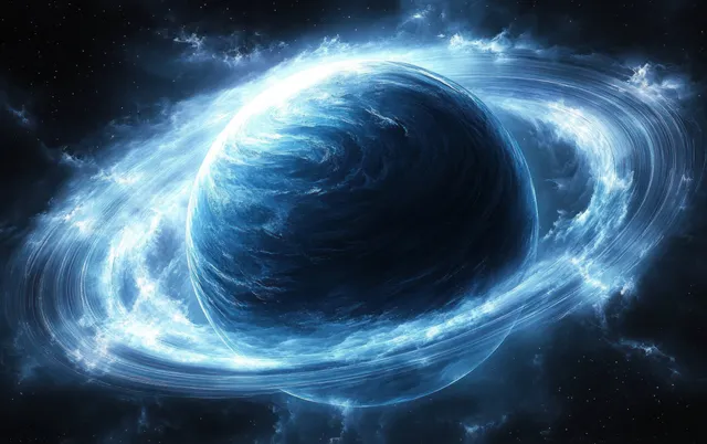 A deep blue planet with glowing luminous rings floats in a dark cosmic nebula under dramatic light beams.