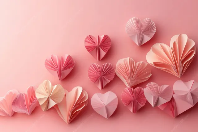 Pink origami hearts made of folded paper float on a soft light pink background within a subtle border.