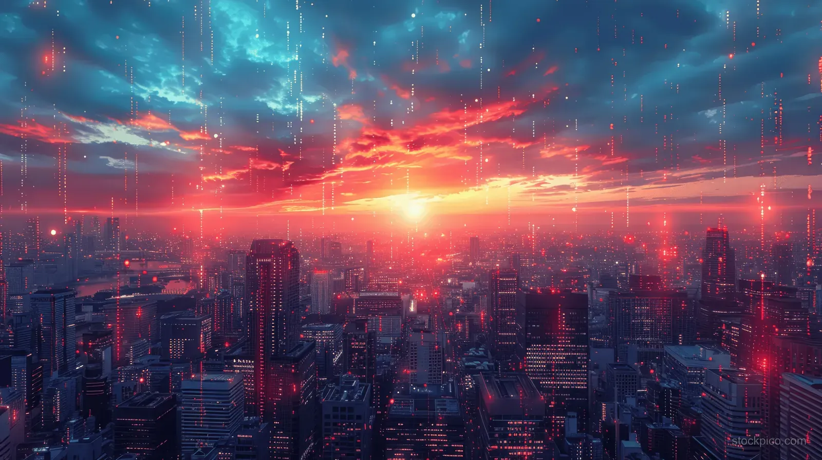 Night city skyline with a glowing sunrise and holographic trading chart showing upward trend lines.