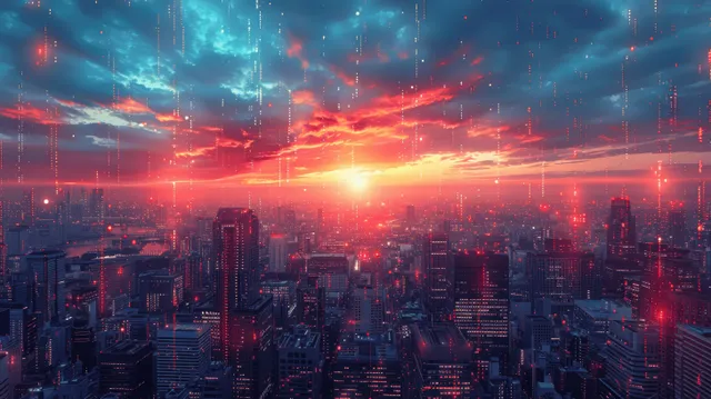 City skyline with glowing trading chart hologram, rising trend lines at sunrise