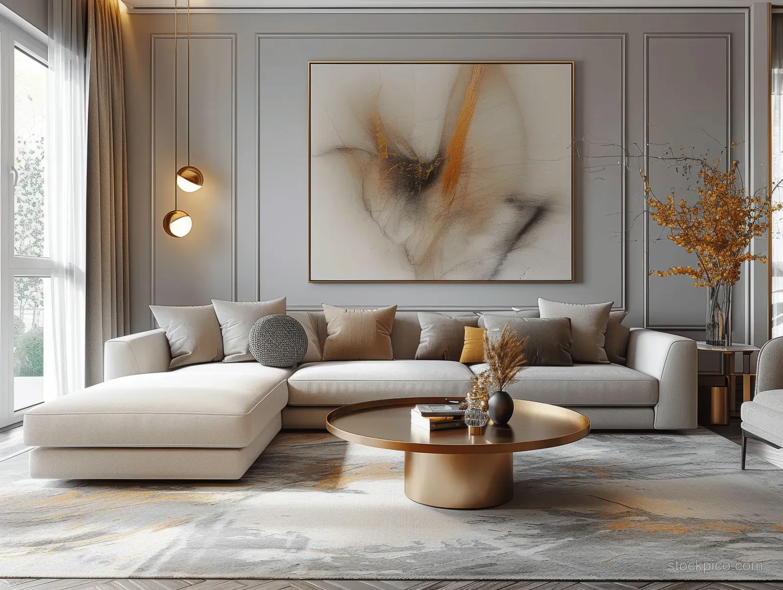 Light gray Scandinavian living room with a beige sectional, round golden coffee table, and abstract painting on the wall.