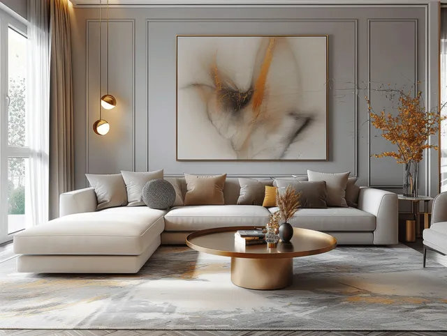 Light gray Scandinavian living room with a beige sectional, round golden coffee table, and abstract painting on the wall.