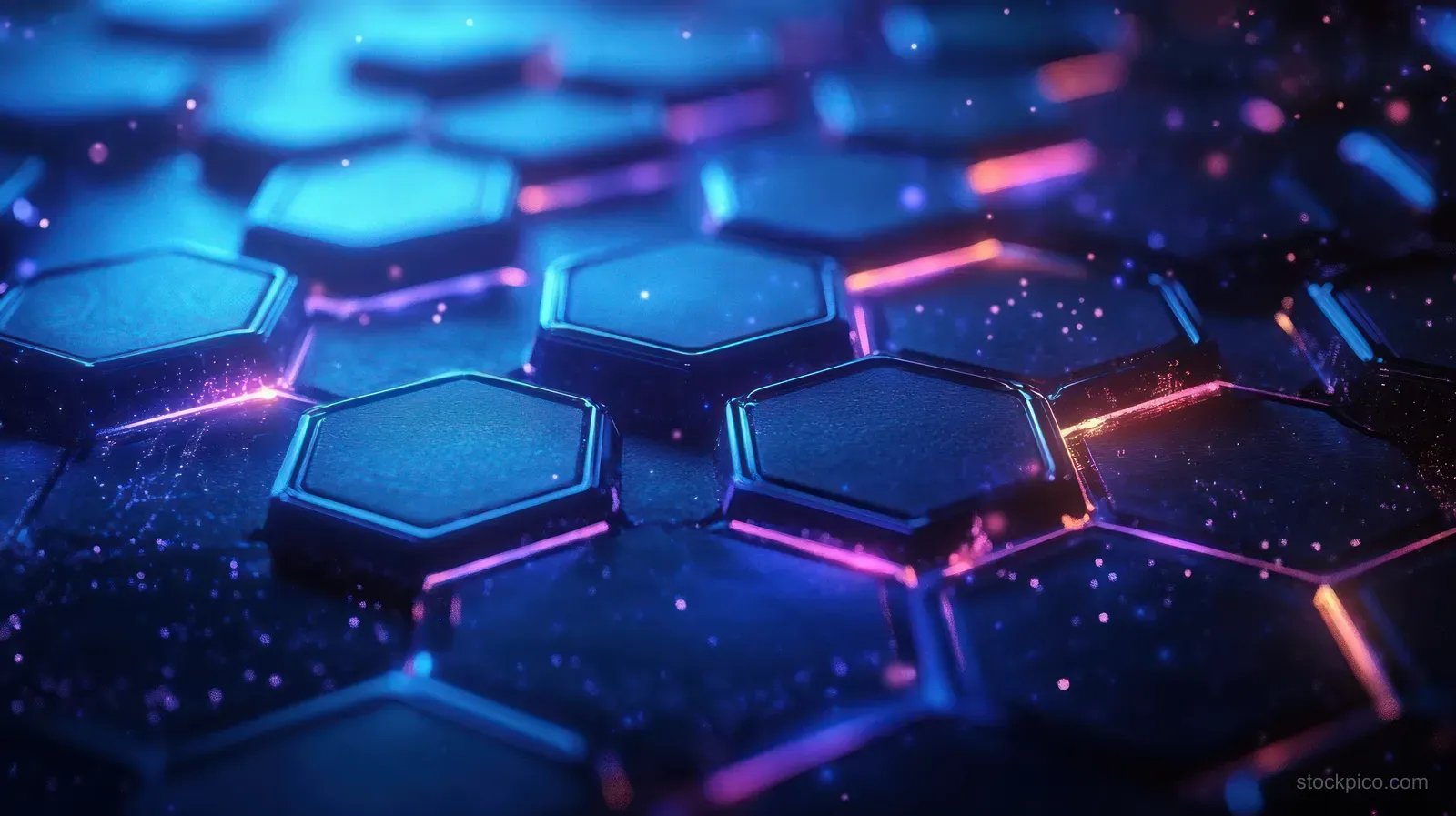 Close-up of glowing hexagonal tiles illuminated by blue and purple neon lights on a dark futuristic background.