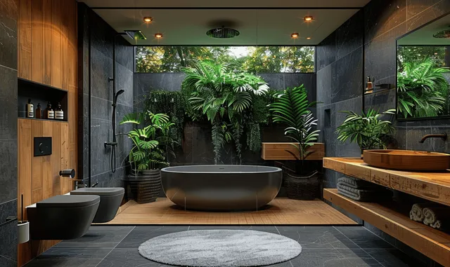 Oval bathtub sits in a spa-like bathroom with dark tiles, wooden shelving, and tropical plants behind glass.