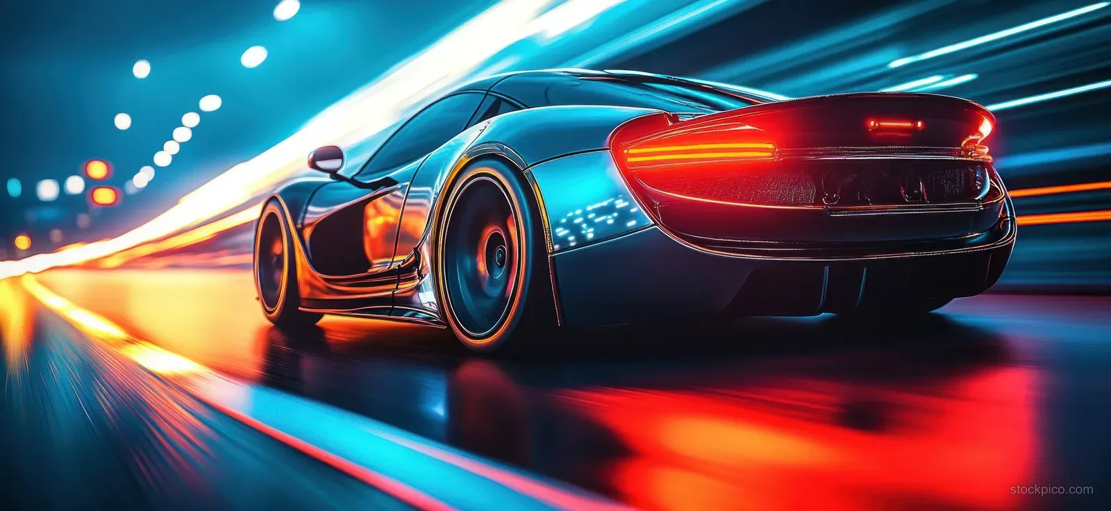 A neon sport car speeds along a cyberpunk highway at night with motion blur light trails behind.