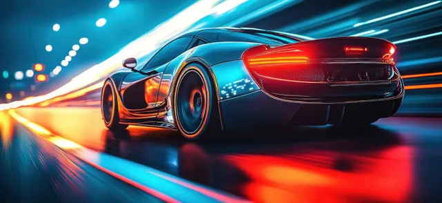 A neon sport car speeds along a cyberpunk highway at night with motion blur light trails behind.
