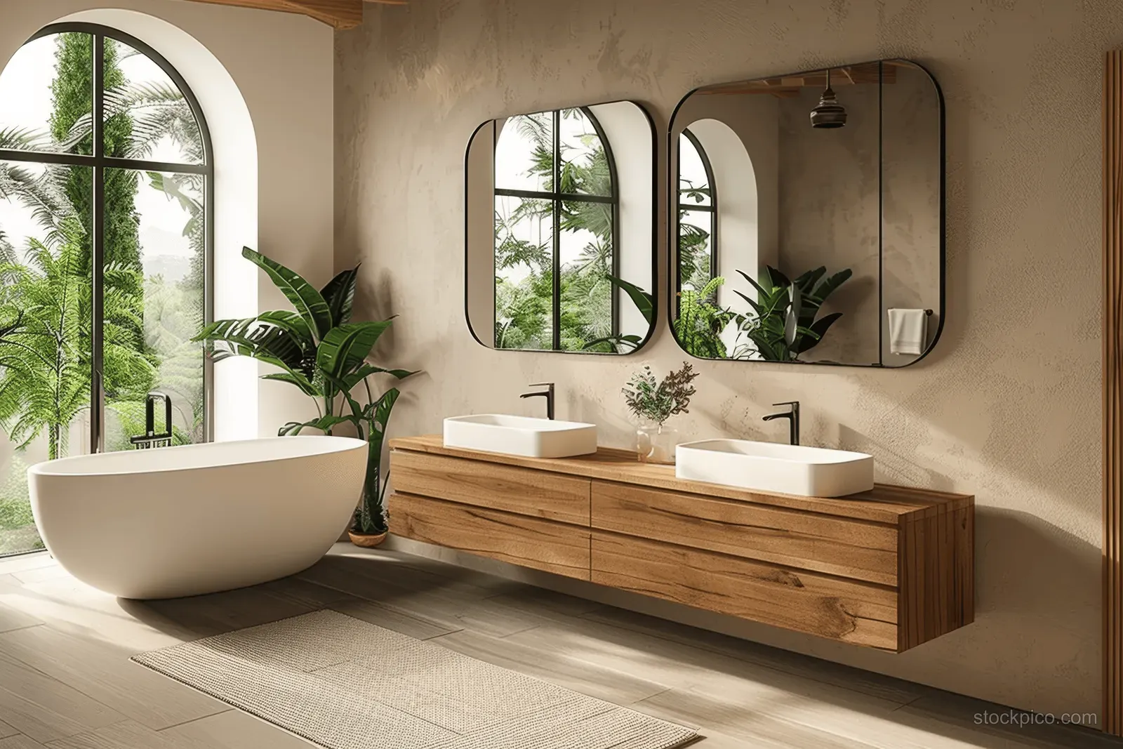 Modern bathroom interior showing a freestanding bathtub, wooden twin-sink vanity, arched windows, and green houseplants.