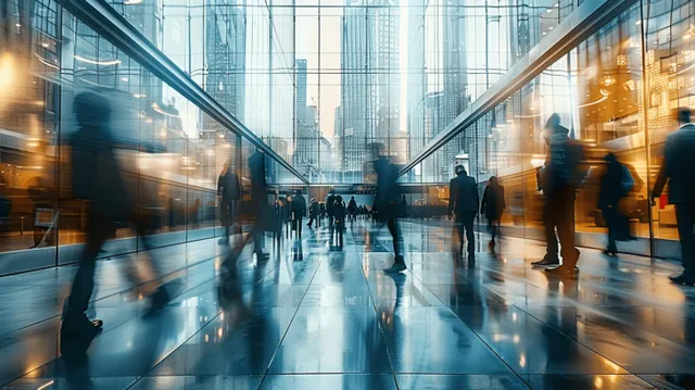 Motion-blurred business crowd walking through bright office lobby with glass walls