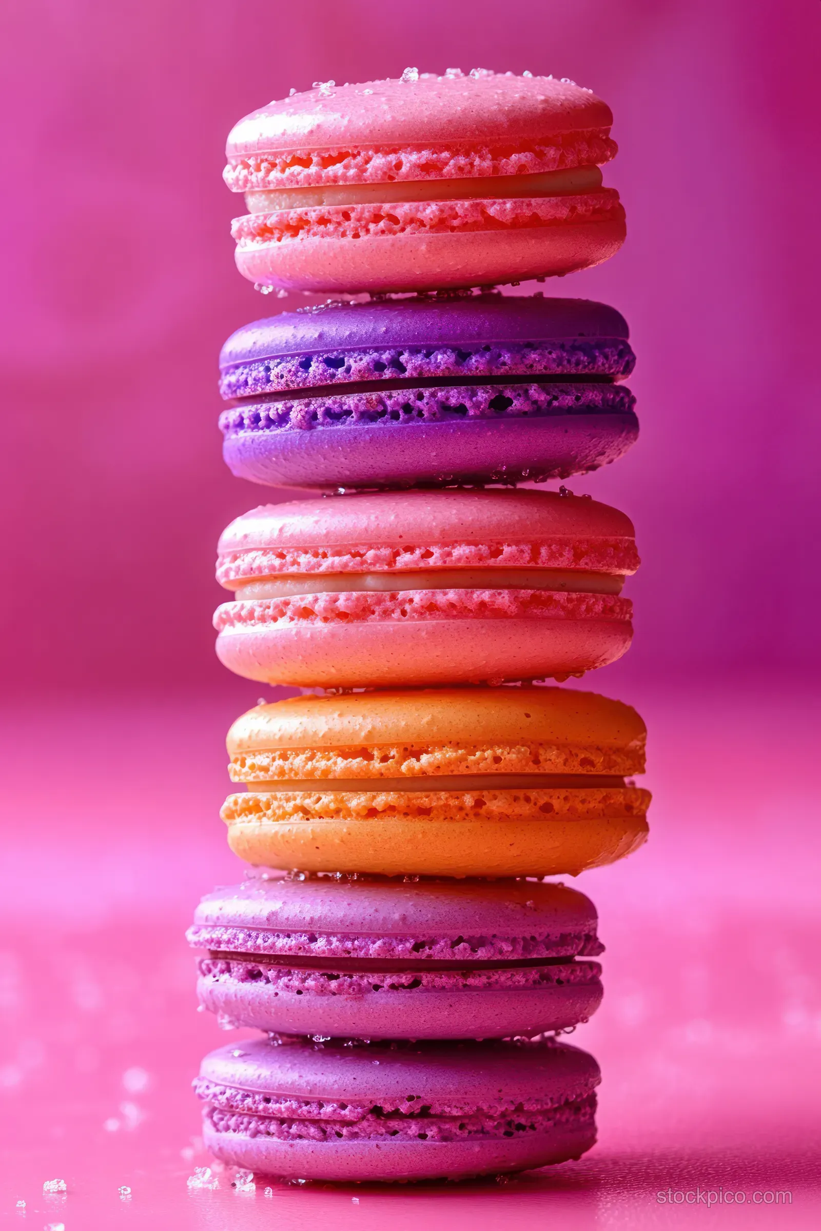 Stack of colorful French macarons with visible fillings arranged on a smooth pink background under soft light.