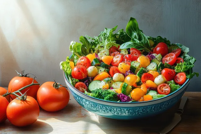 Colorful salad bowl with fresh vegetables beside tomatoes on wooden table