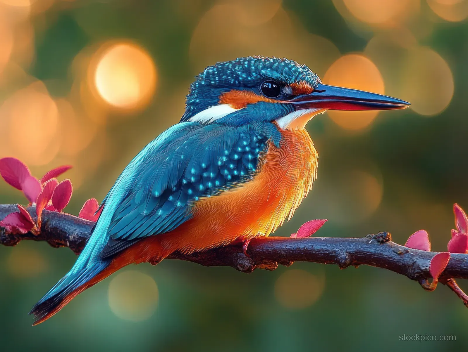 Iridescent kingfisher perched on a twig with red leaves, warm golden bokeh in the background.