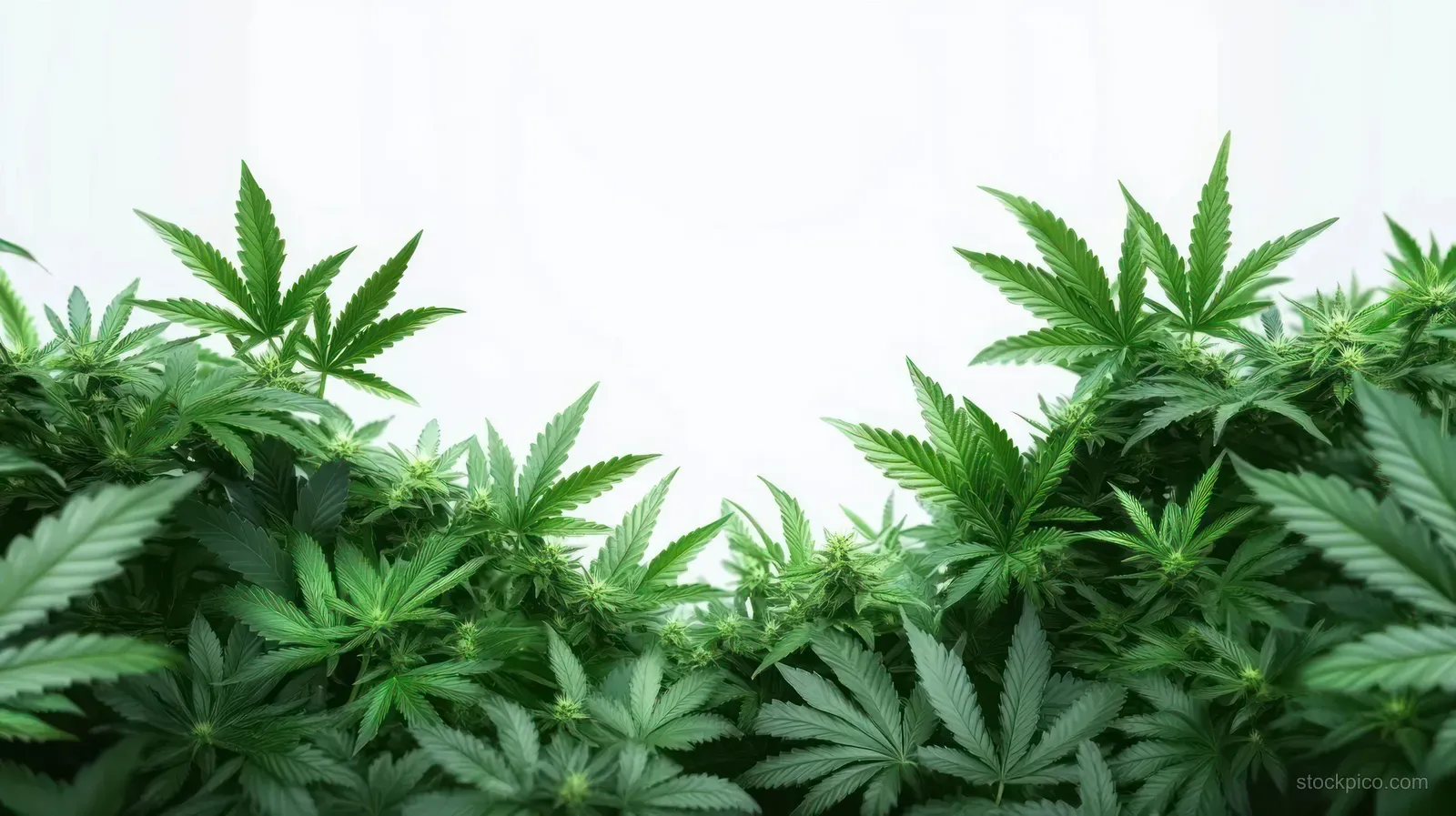 Green cannabis plant leaves with serrated edges shown in close-up against a bright white background.