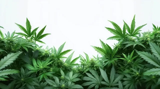 Green cannabis plant leaves with serrated edges shown in close-up against a bright white background.
