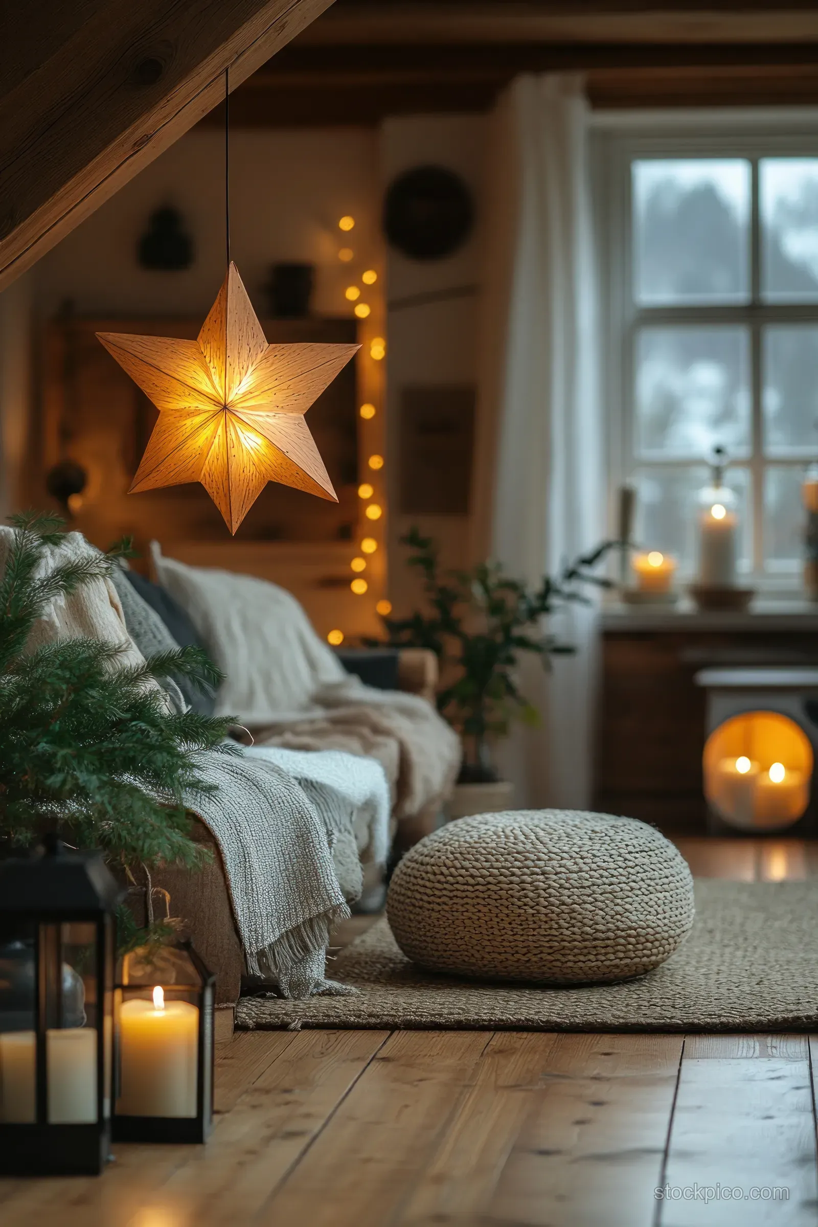 A Scandinavian living room at Christmas with a glowing star lantern, evergreen greenery, and candlelit fireplace under a window.