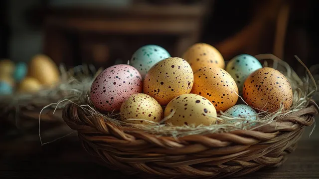 Speckled Easter eggs in a woven wicker basket resting on hay under warm soft light.