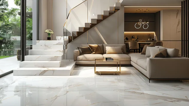 Sunlit living room with a beige corner sofa, white marble floor, and wooden staircase near a glass door.
