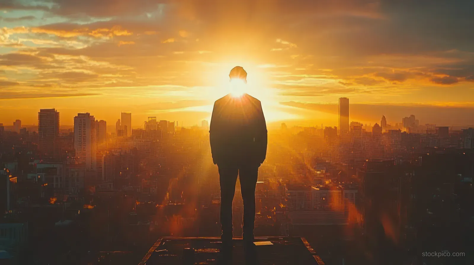 Silhouette of a businessman standing on a rooftop at sunset above a glowing city skyline with double exposure light.
