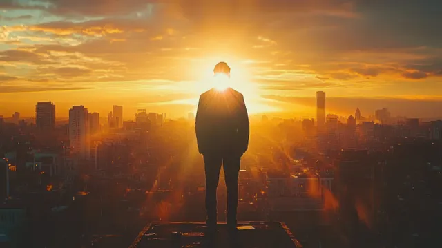 Silhouette of a businessman standing on a rooftop at sunset above a glowing city skyline with double exposure light.