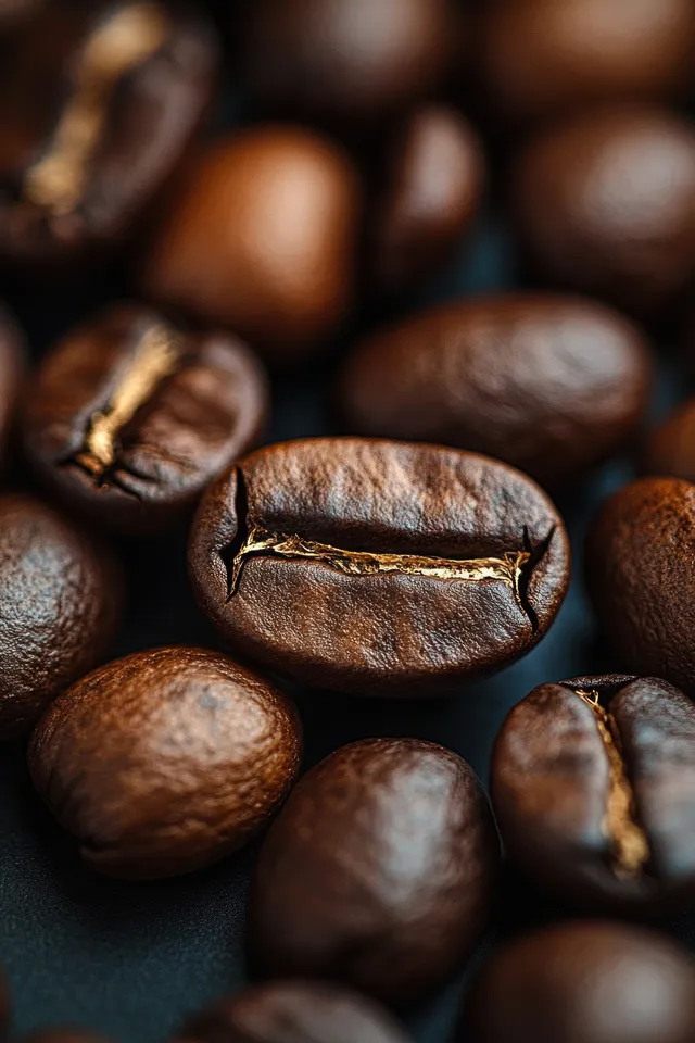 Roasted coffee beans with visible cracks and glossy highlights on a dark background in a close-up macro view.