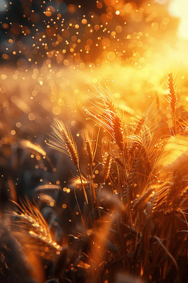 Golden wheat heads glowing under sunset sunbeams in a summer harvest field