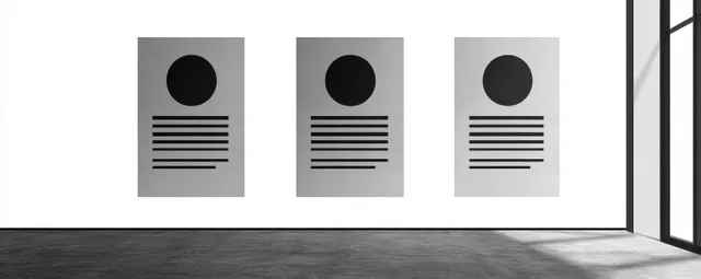 Three framed monochrome posters with large black circles and horizontal lines hang on a white wall in a minimalist gallery.