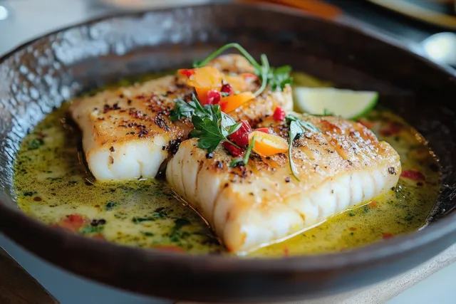 Creamy coconut fish curry with seared fillets in rustic bowl, topped with fresh herbs