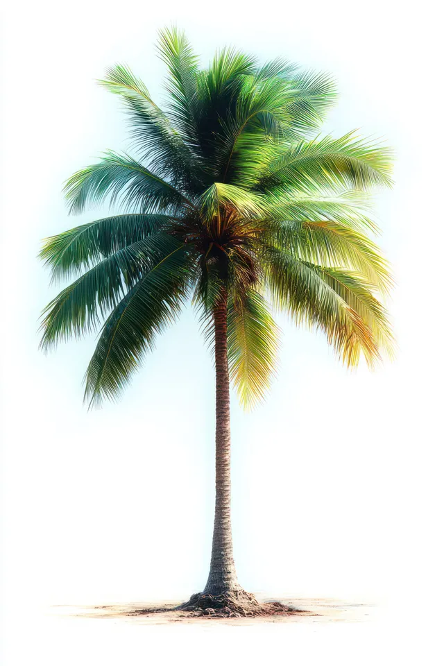 A solitary palm tree with green and yellow fronds stands on a bright white background.