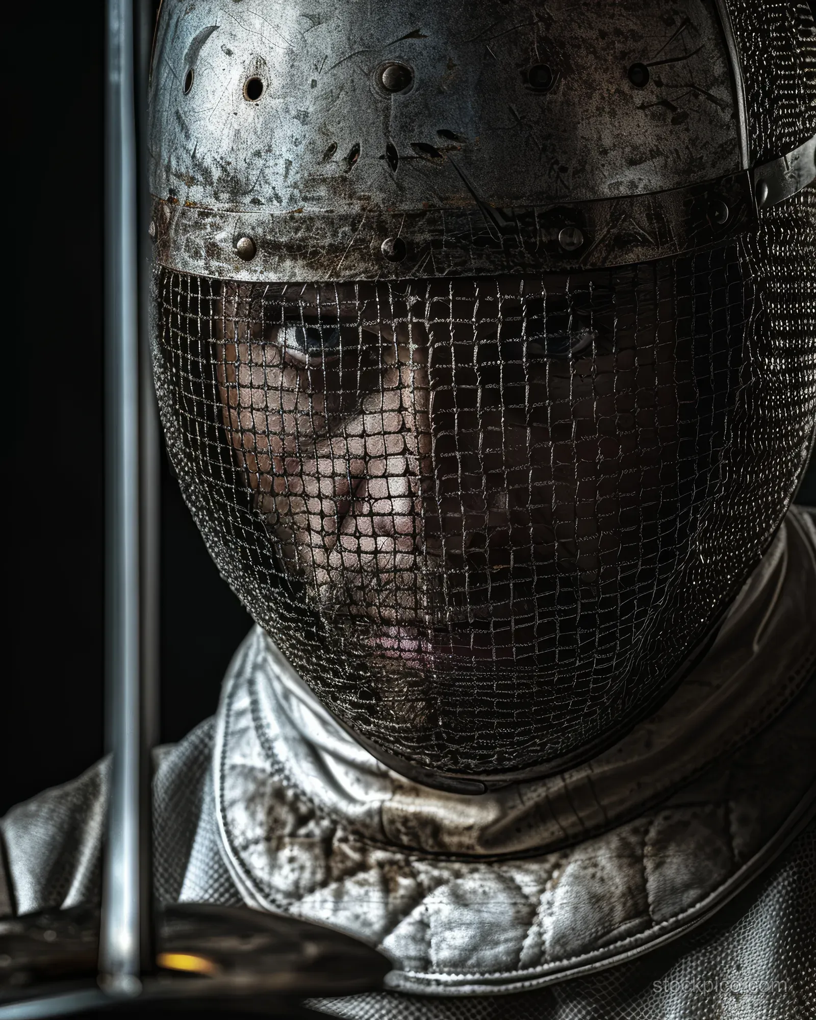 Hungarian sabre fencer in full mask holds a raised blade before the match in a dark tense close-up.