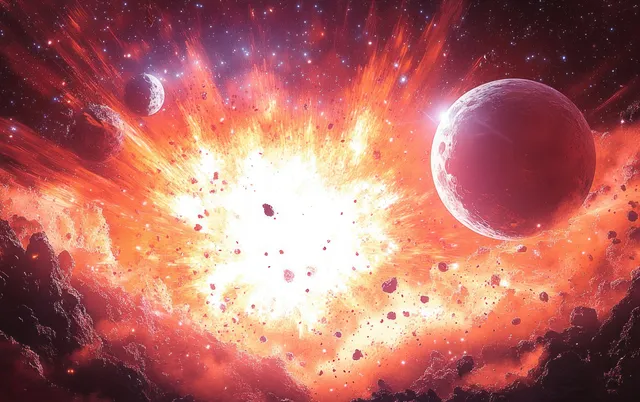 A radiant cosmic explosion surrounds a reddish planet while asteroids scatter across a deep space nebula backdrop.