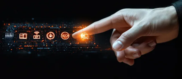 Hand pinches glowing holographic smart home icons over a dark digital interface