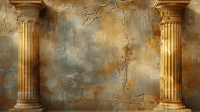 Two golden Roman columns flank a cracked aged plaster wall with faded decorative marks.