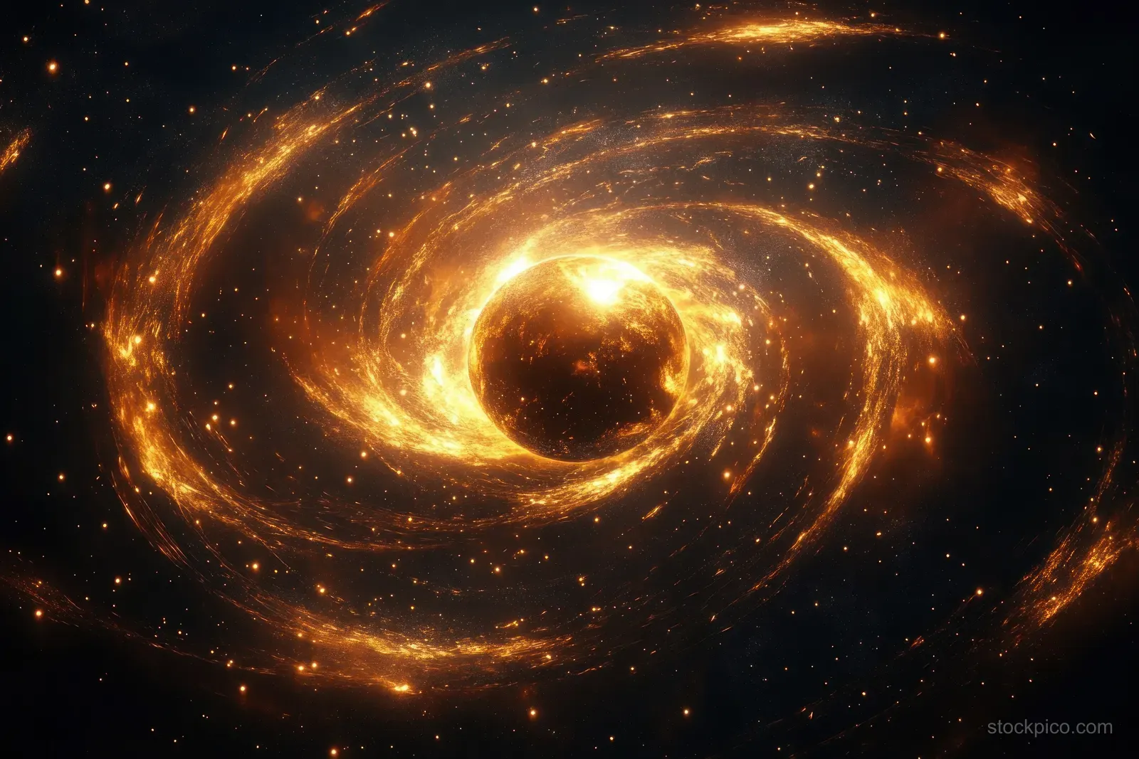 Golden spiral galaxy vortex with a dark central sphere glowing and releasing radiant particles across deep space.