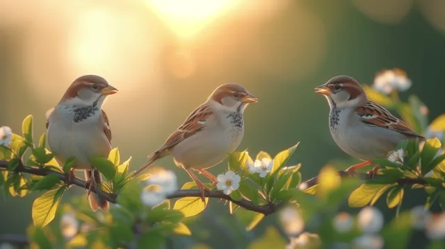 Three small songbirds perched on a blossoming spring branch, singing in warm sunlight with blurred garden flowers behind.