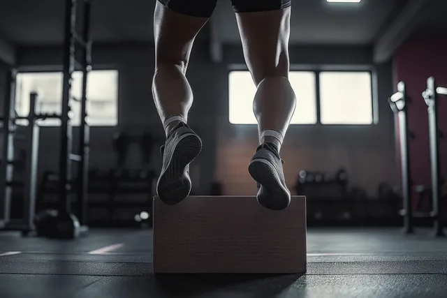 Muscular legs jump onto a wooden plyometric box in a dimly lit gym with training equipment blurred behind.