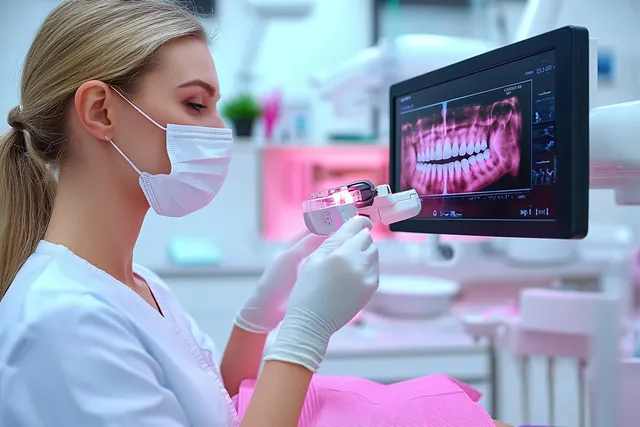 Female dentist wearing mask examines digital dental x-ray on monitor in bright clinic
