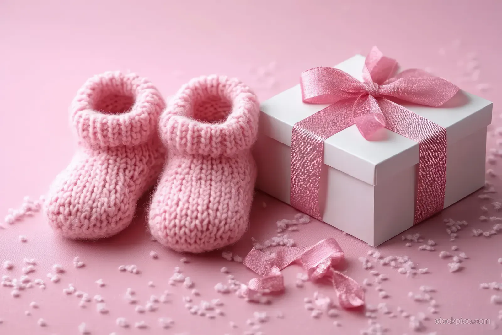 Pink knitted baby booties sit next to a ribboned gift box on a pastel background with tiny confetti pieces.