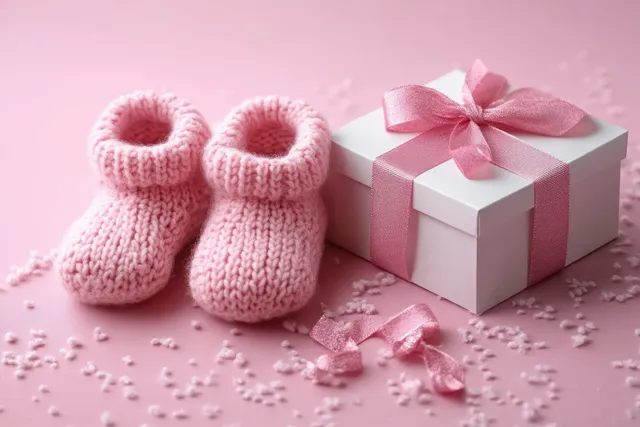 Pink knitted baby booties sit next to a ribboned gift box on a pastel background with tiny confetti pieces.