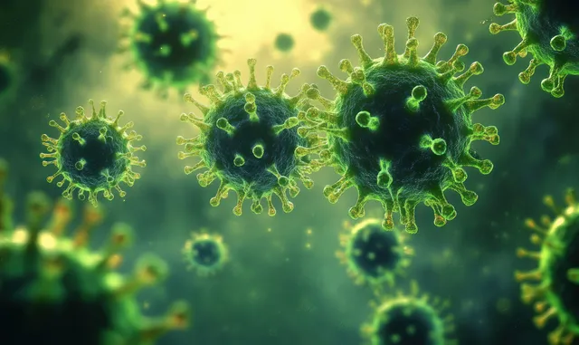 Fluorescent green virus-like particles are scattered across a dark microscopic background with a soft glow.