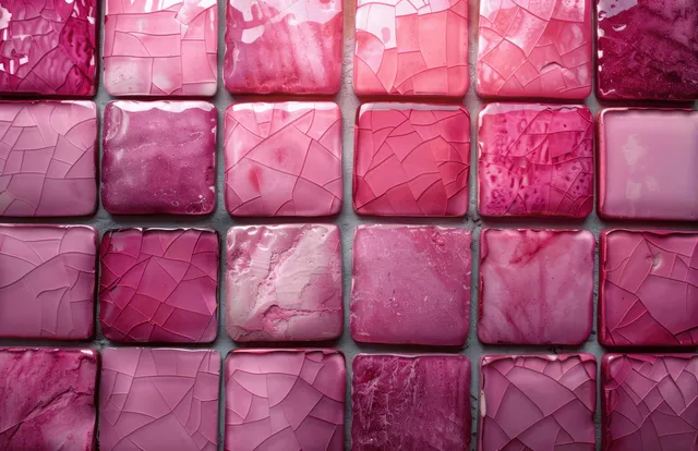 Pink pastel mosaic tile wall with glossy ceramic texture and geometric grout lines