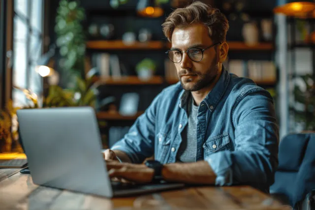 Young businessman typing on a laptop at an office desk with code-like visuals, coffee cup nearby, and warm bokeh.