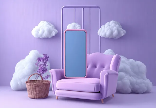 Surreal Lavender Room with Smartphone on a Swing Frame