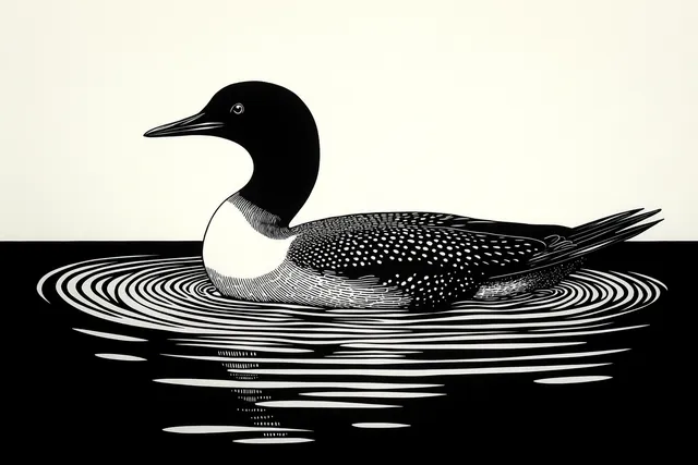 Monochrome illustration of a diving bird floating on water, ripples radiating beneath