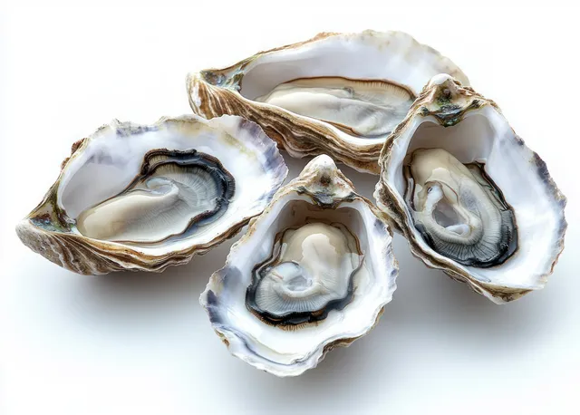 Four raw oysters with shells open, glossy flesh visible on clean white background