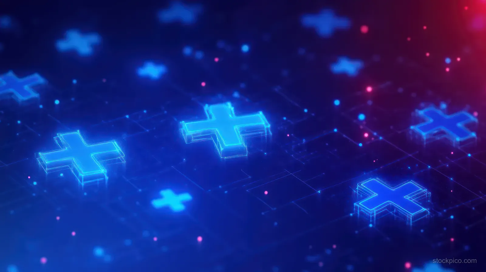 Glowing blue plus symbols float above a neon virtual grid with pink data sparks.