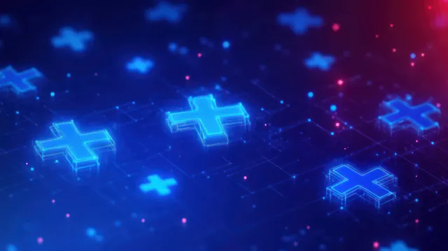 Glowing blue plus symbols drift above a neon futuristic grid with pink data sparks