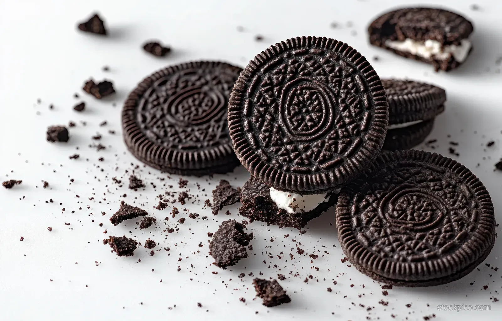 Chocolate sandwich cookies with cream filling and scattered crumbs on a white background.